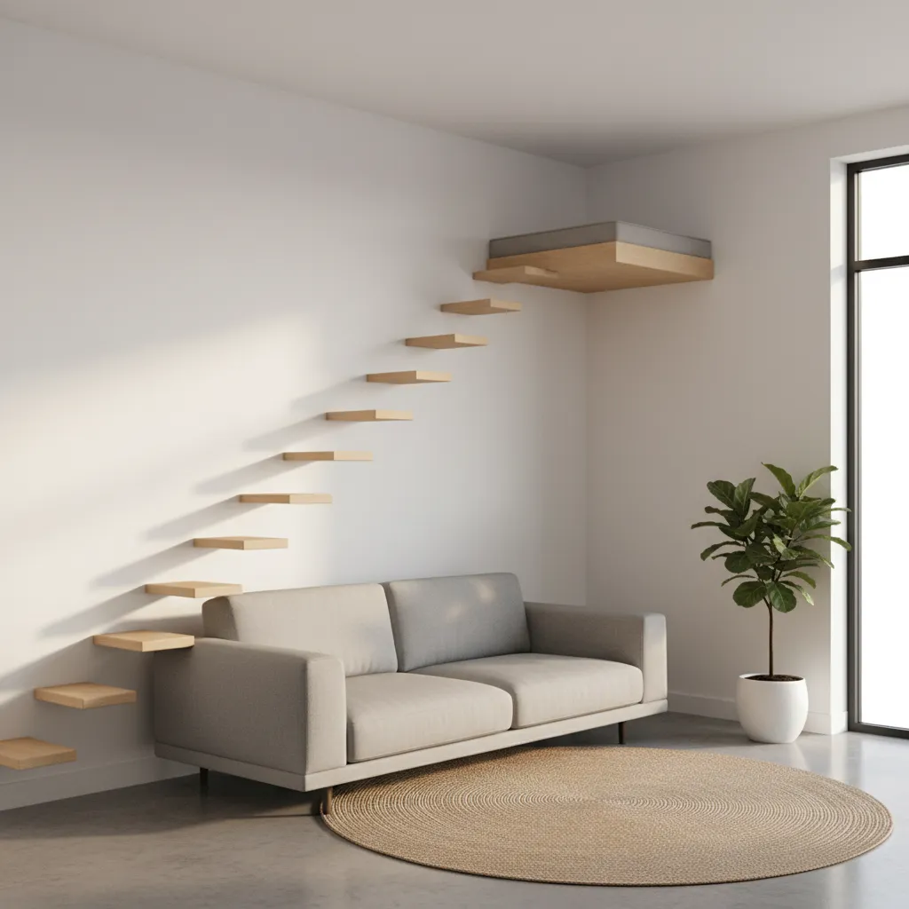 Corner cat wall stair layout connecting two walls with a platform