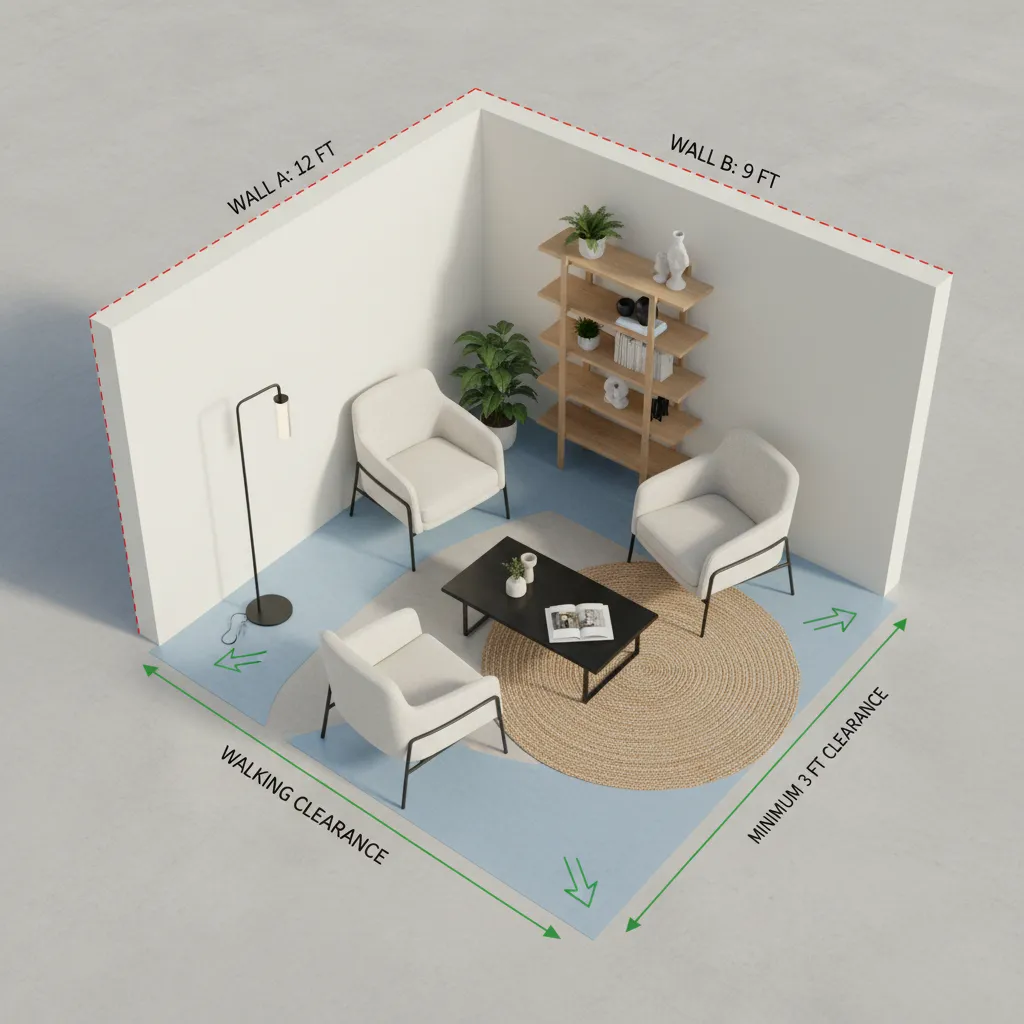 Living room layout diagram showing how to measure space for a corner chair