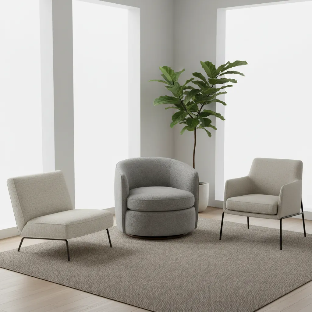 Different chair shapes suitable for living room corners including slipper and barrel chairs