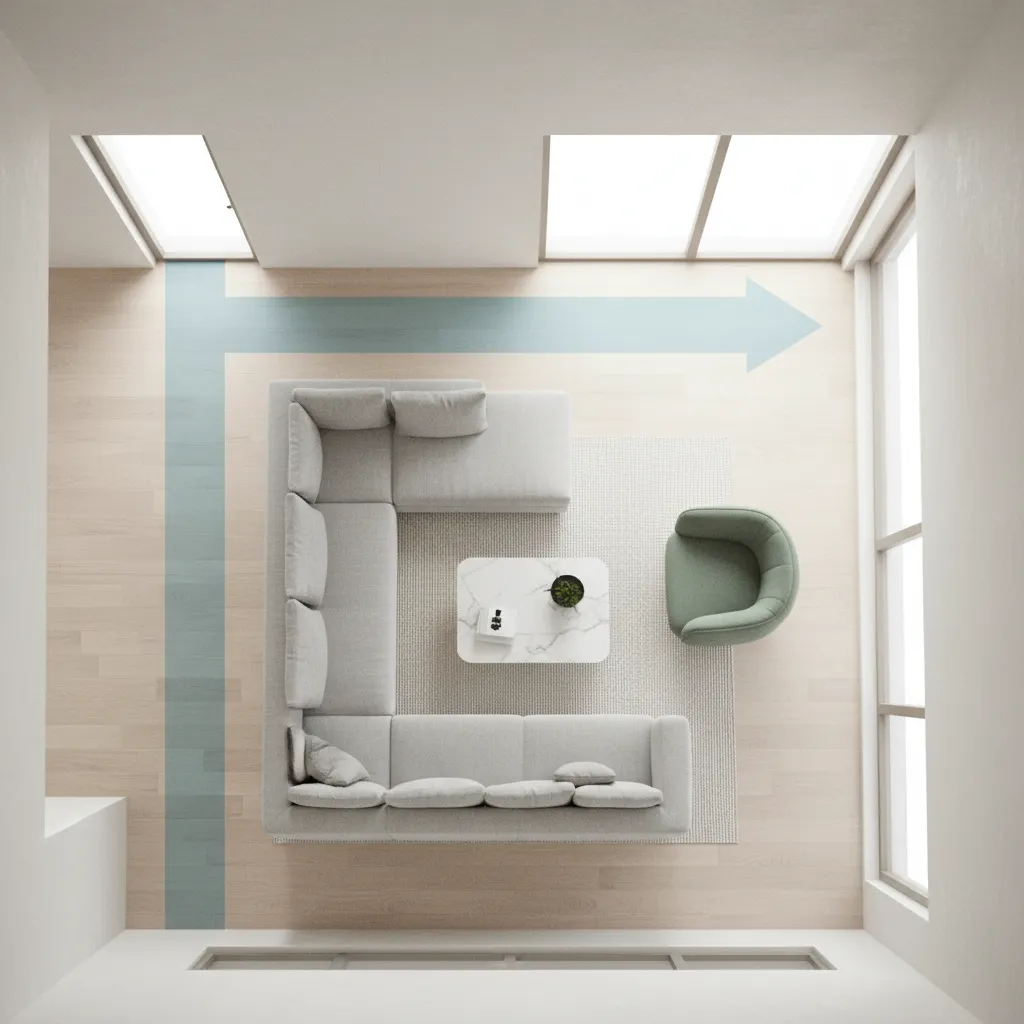 Top view interior design drawing showing room layout with sofa green chair and blue arrow