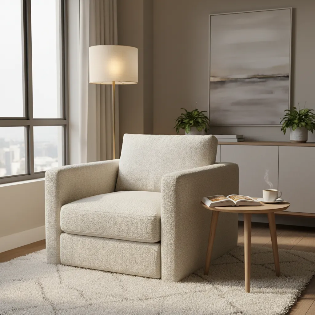 Accent chair with side table and floor lamp forming reading nook