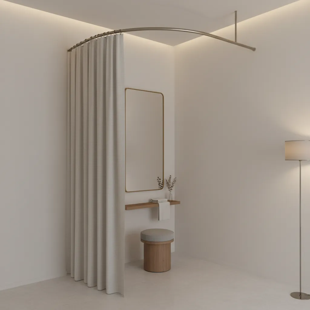 corner layout small changing room using two walls and curtain rods