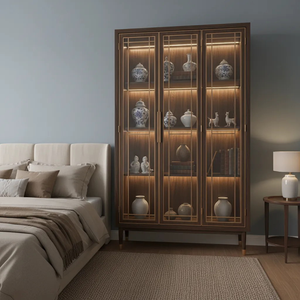 Corner china cabinet placed in a small bedroom corner with decorative display