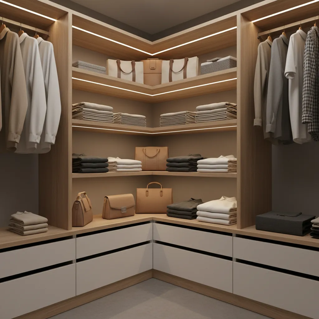 Corner shelving system designed for L shaped closet storage