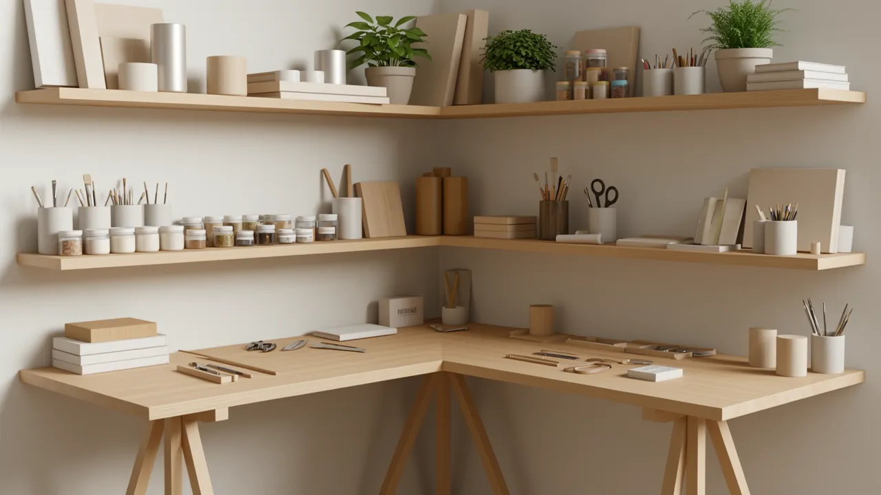 corner craft room workstation with L shaped desk and shelves