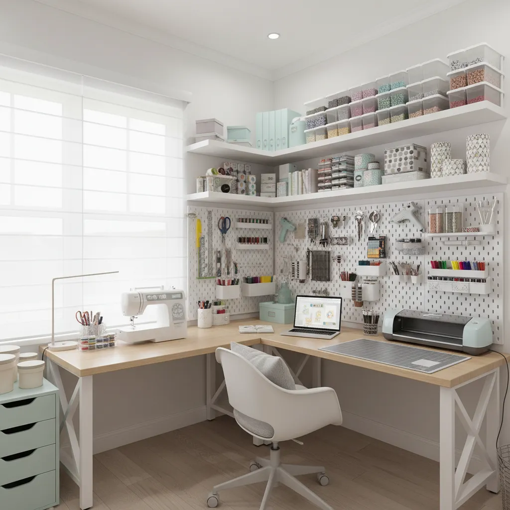 corner craft room workstation with L shaped desk and shelves