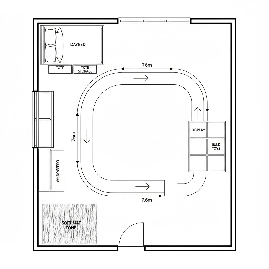 Top view room layout with a daybed soft mat zone play track and toy storage cabinet