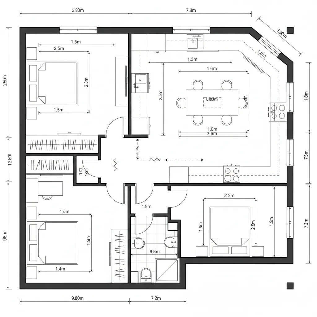 Detailed room layout showing two bedrooms a large dining table and an angled kitchen wall