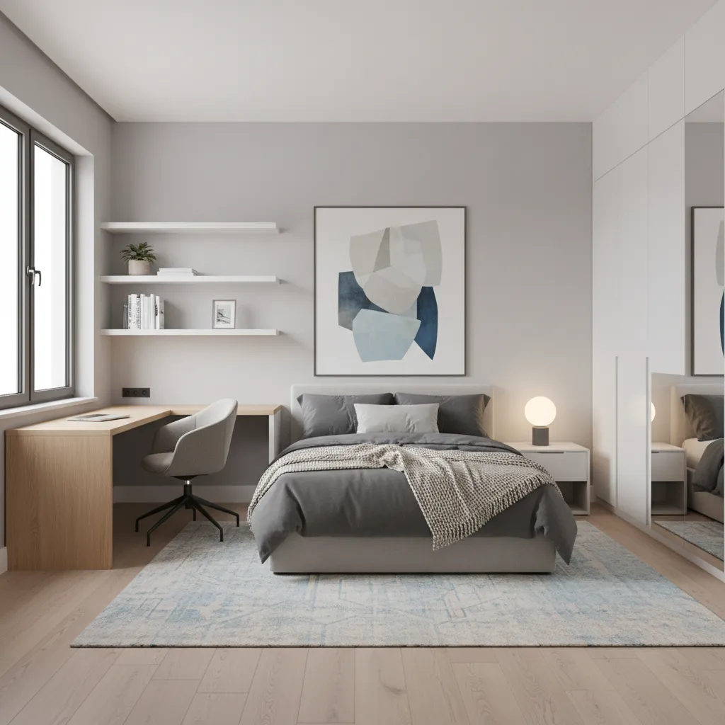 12x12 bedroom layout with corner desk workspace and bed
