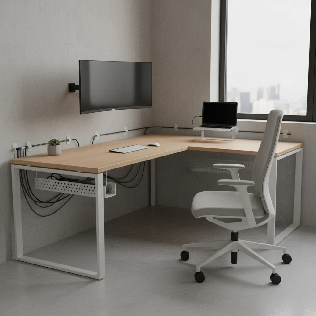 Under desk cable tray and vertical cable routing in corner desk setup