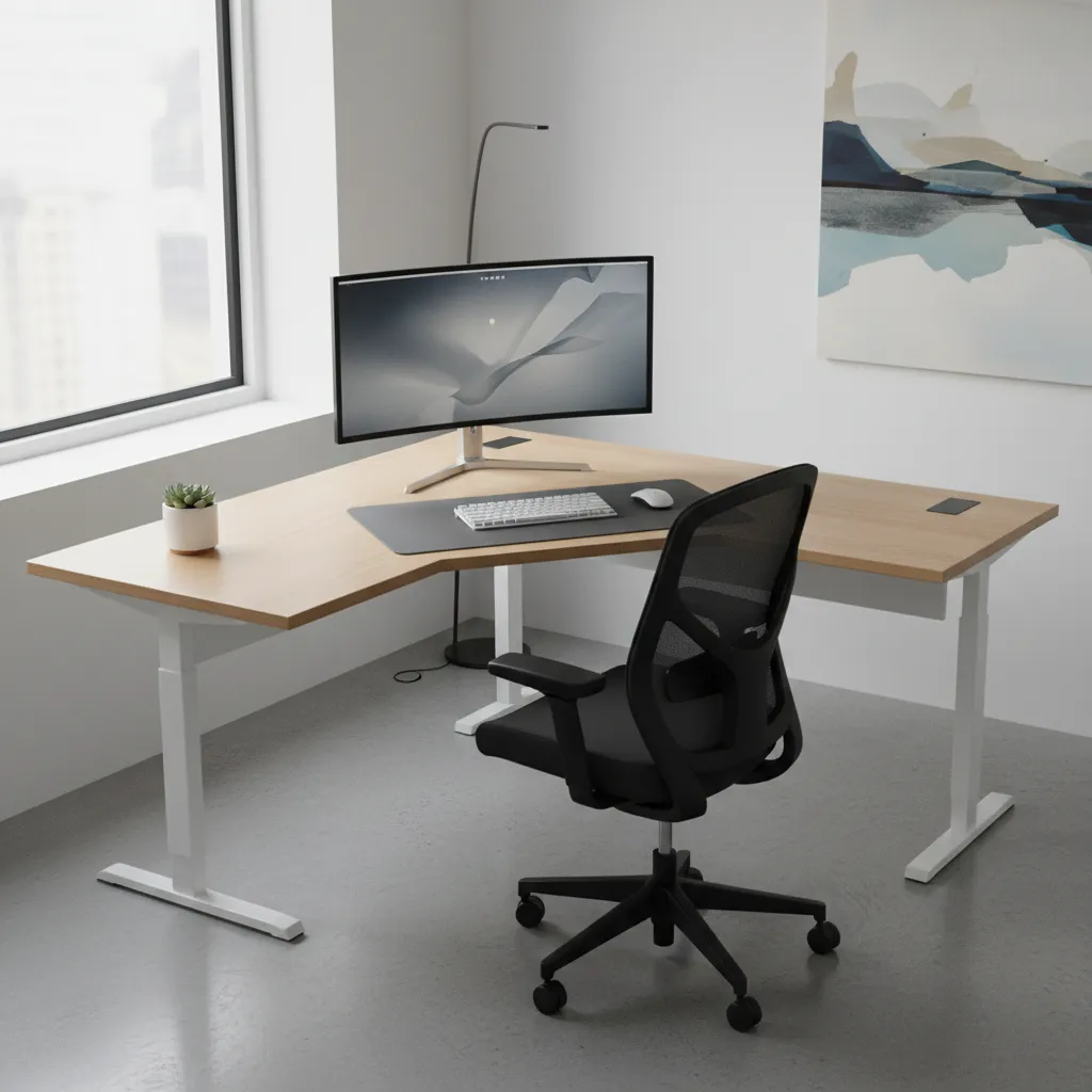ergonomic monitor placement in a corner desk setup