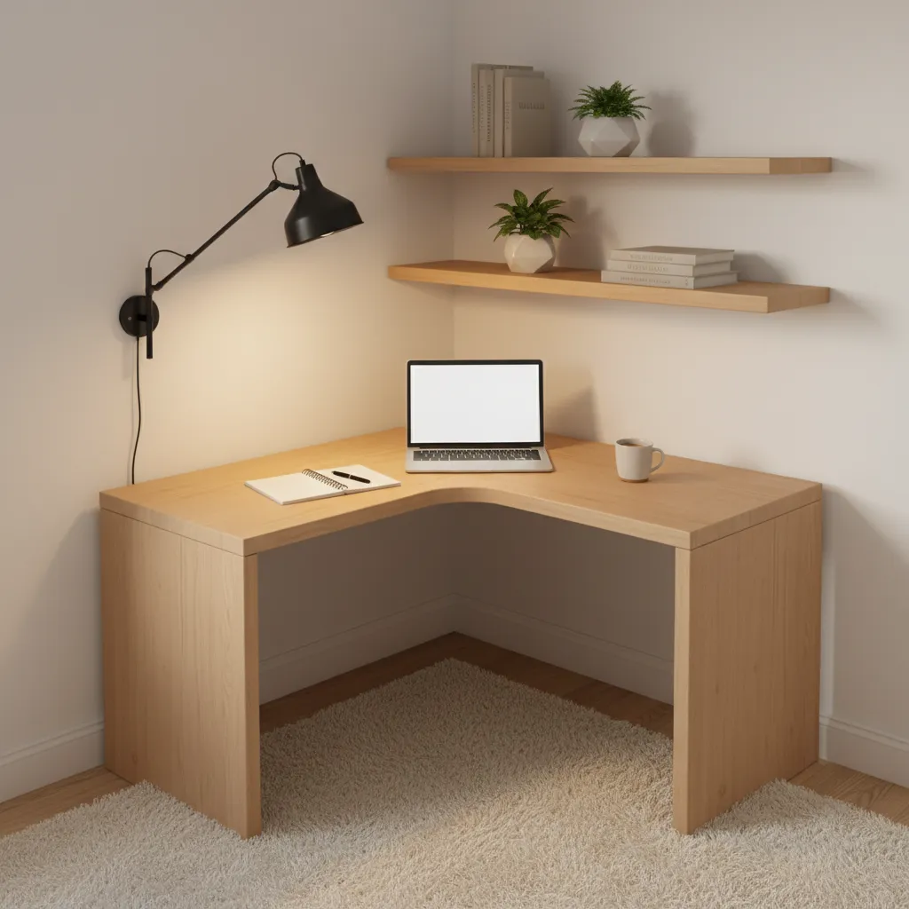 Corner study desk with wall mounted lamp providing side lighting