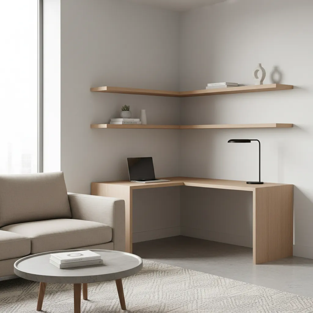 small corner desk workspace integrated into a living room