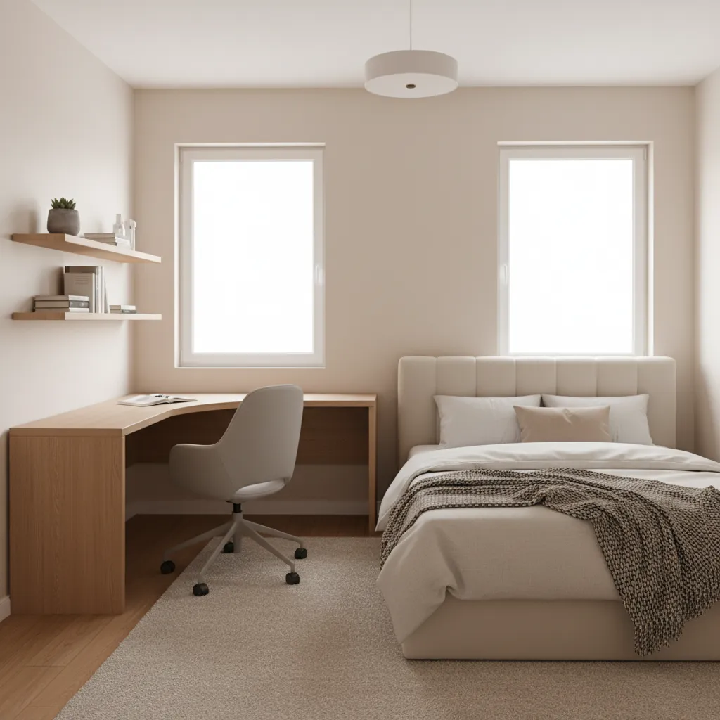 3D visualization of corner desk placement in small bedroom