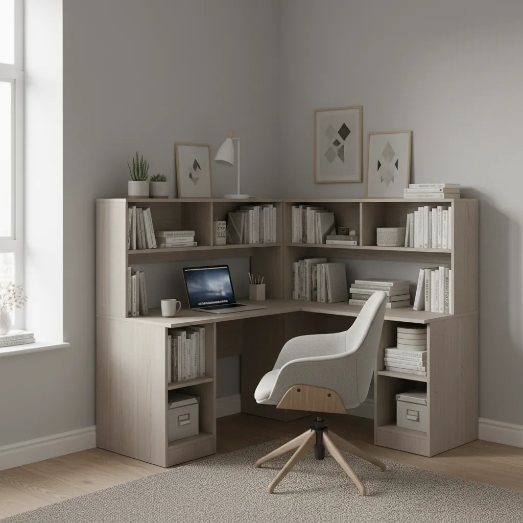 corner study desk setup in a compact bedroom with shelves and organized workspace
