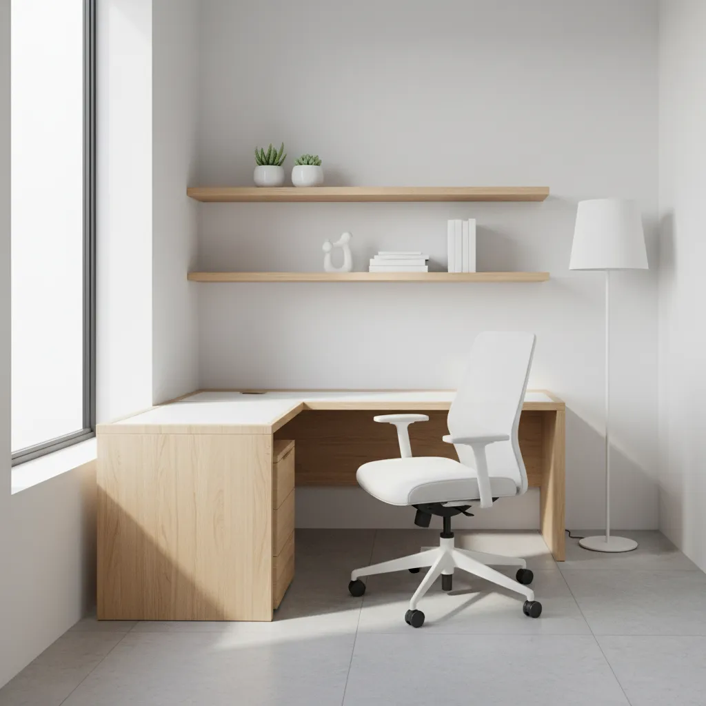 Corner desk arrangement in a small office room
