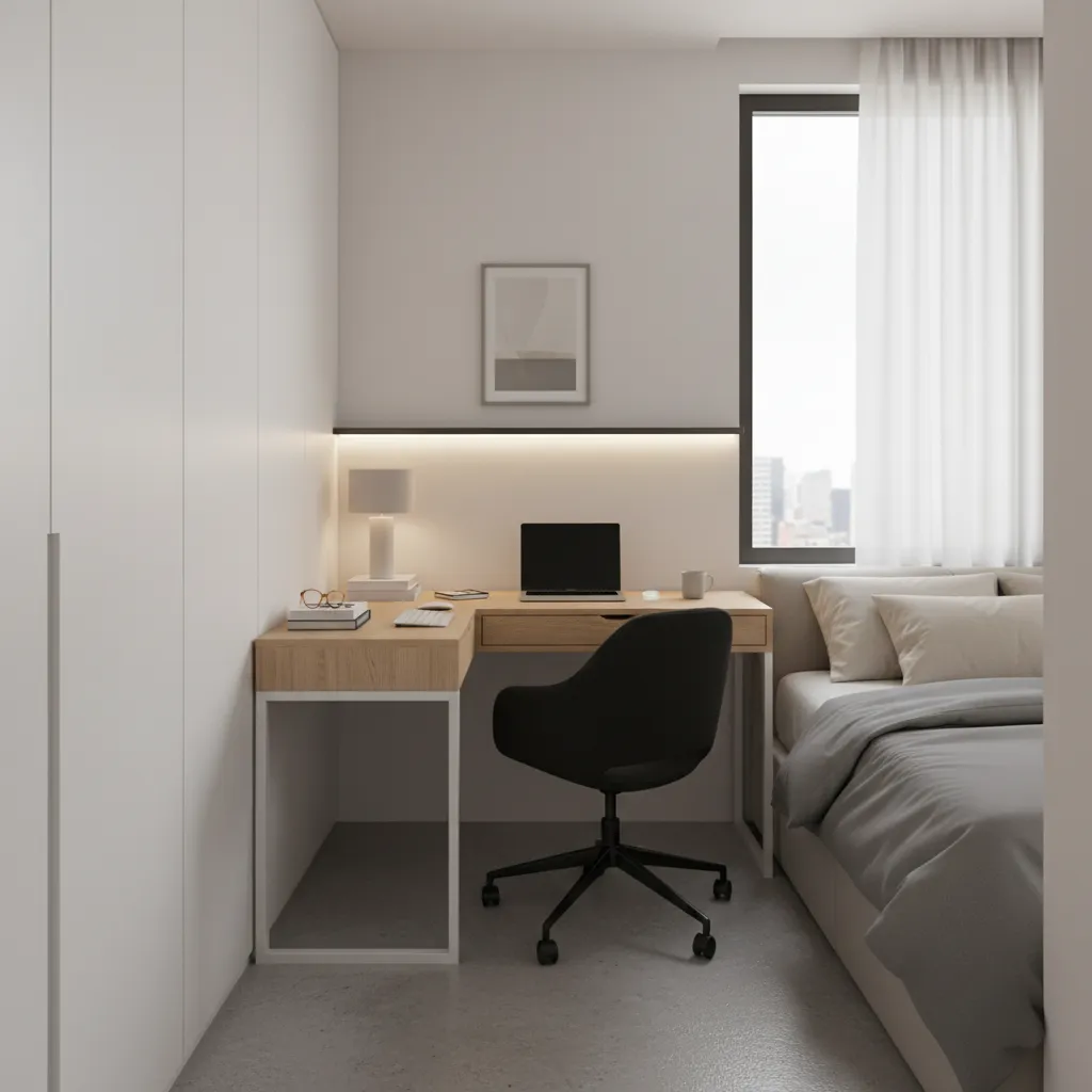Small bedroom corner desk squeezed between two walls with limited space