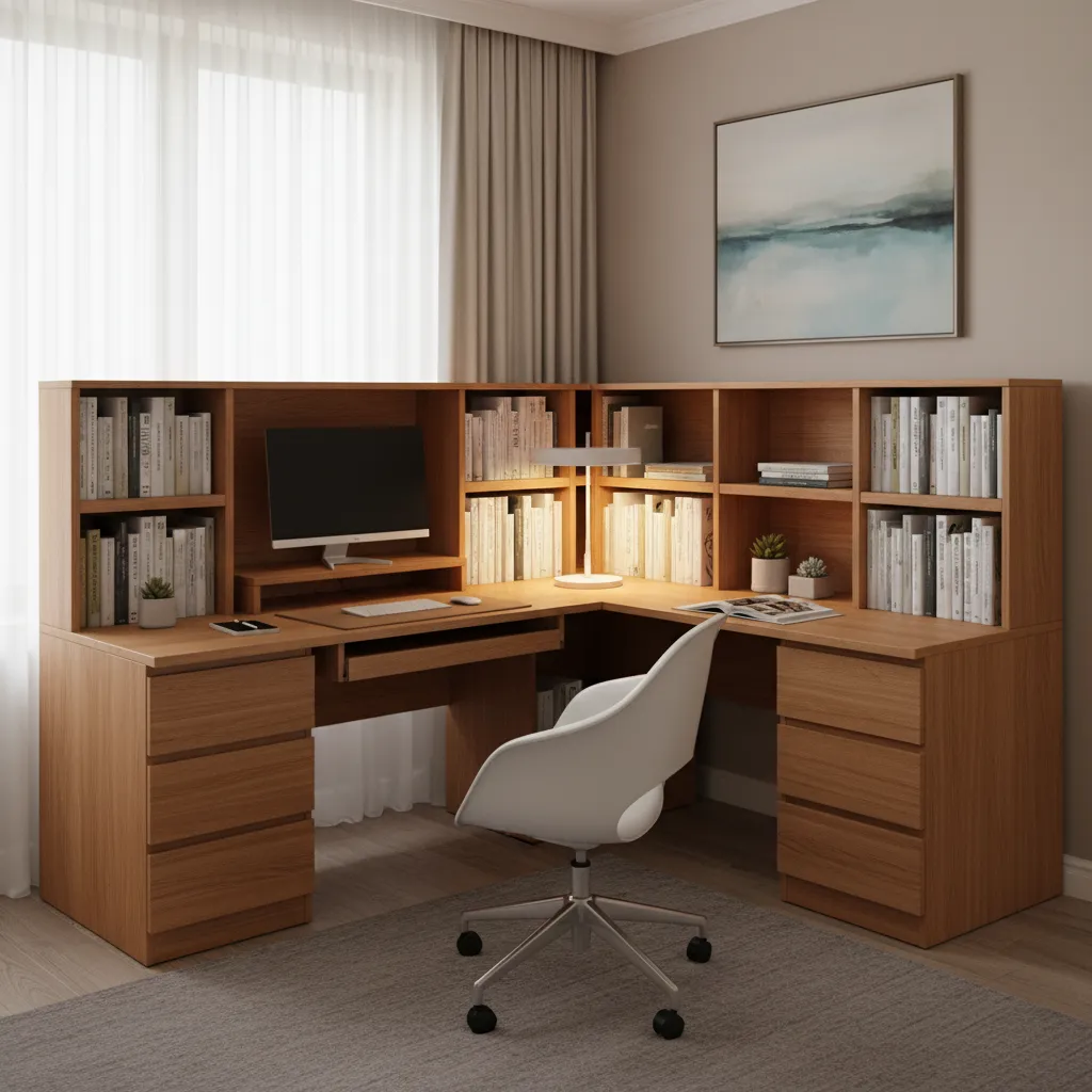 corner desk with built-in storage shelves and drawers for study organization