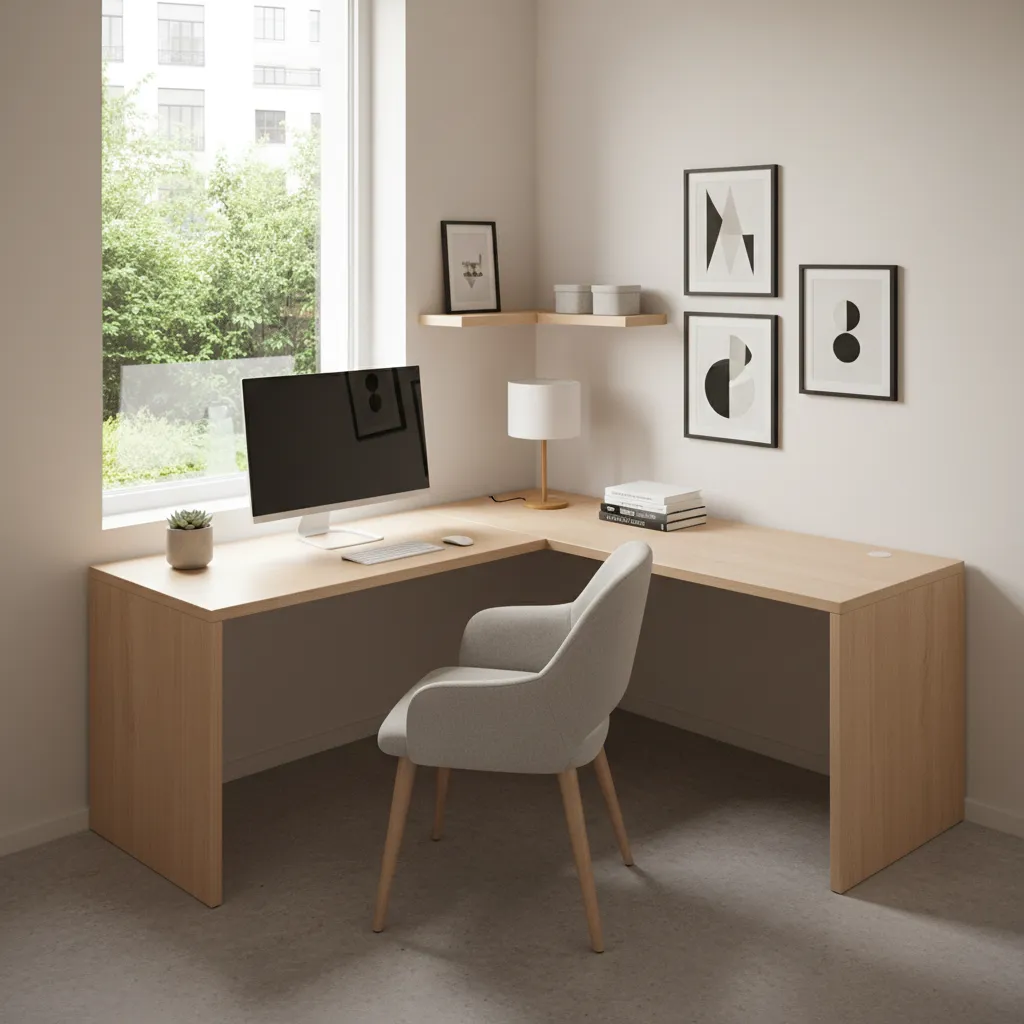 Corner desk placement in a compact study room layout