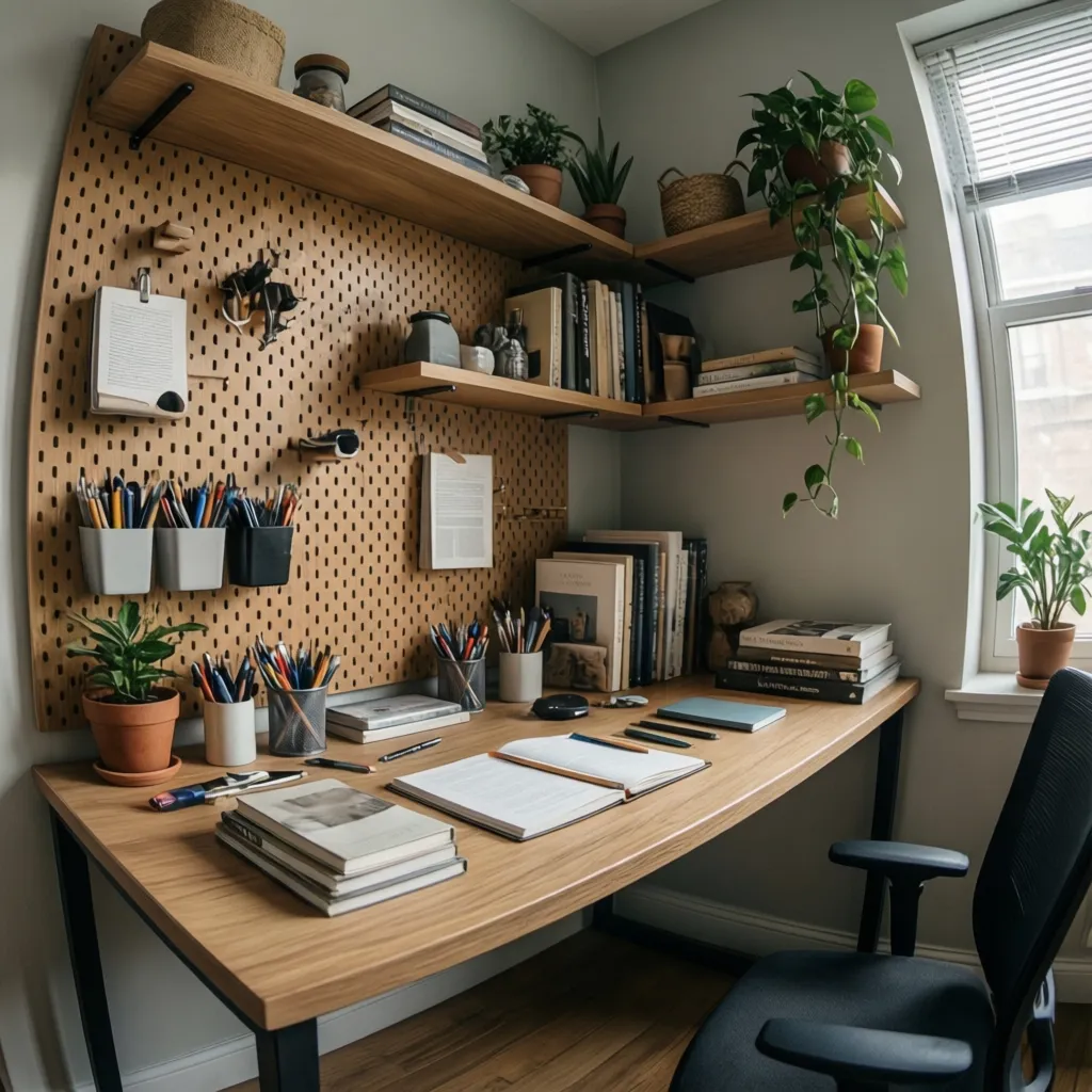corner desk with vertical wall storage and pegboard organization