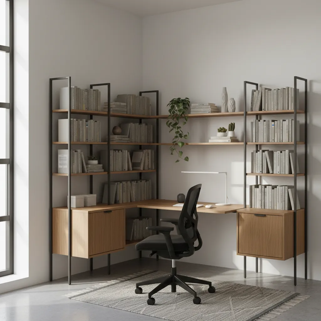 corner desk with vertical shelving storage in small room