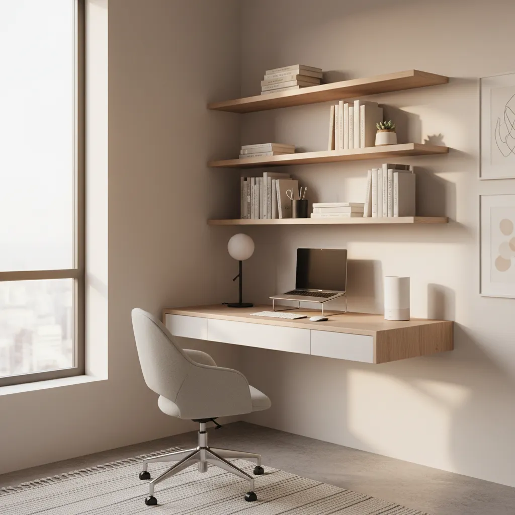 Corner desk with floating shelves and organized wall storage