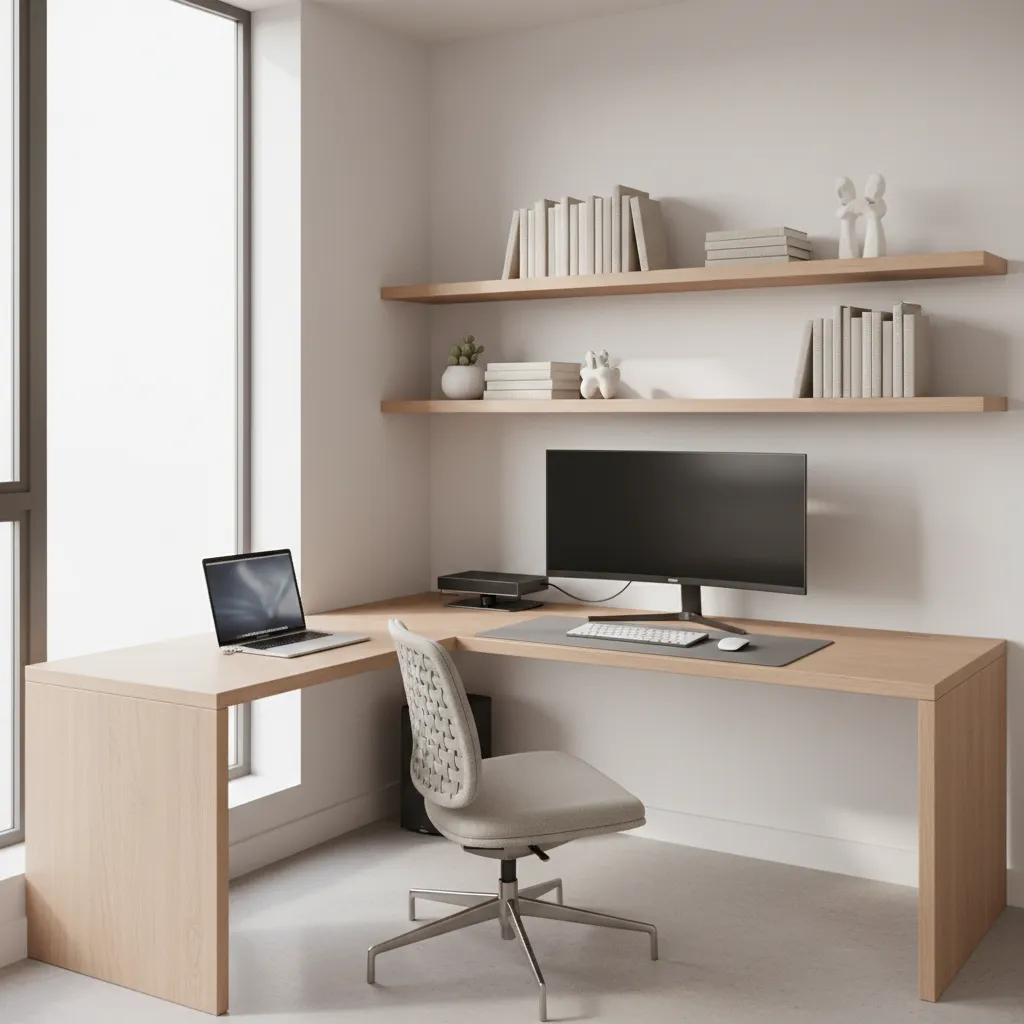 organized corner desk workspace with laptop and shelves