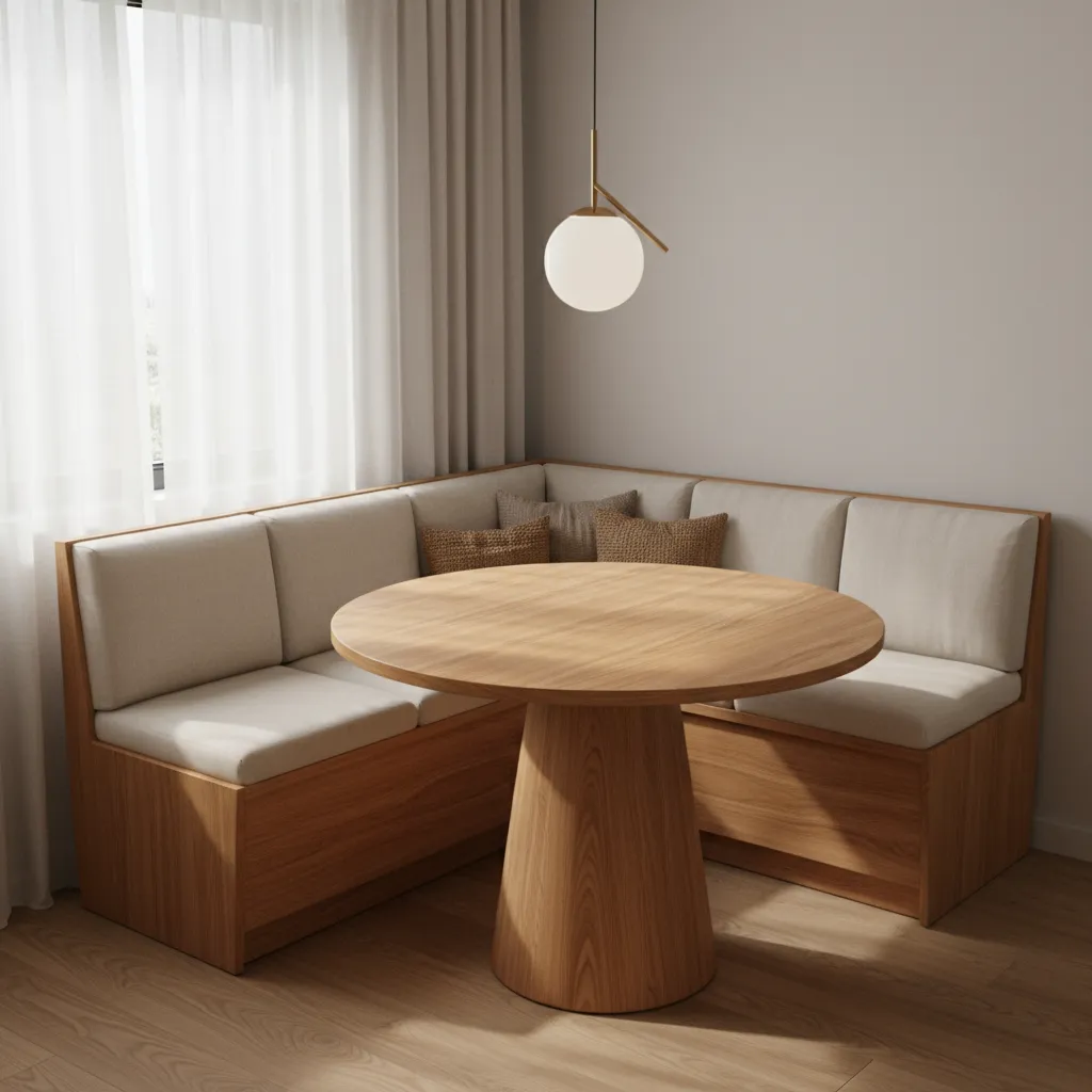 corner dining bench seating with round pedestal table in small dining nook