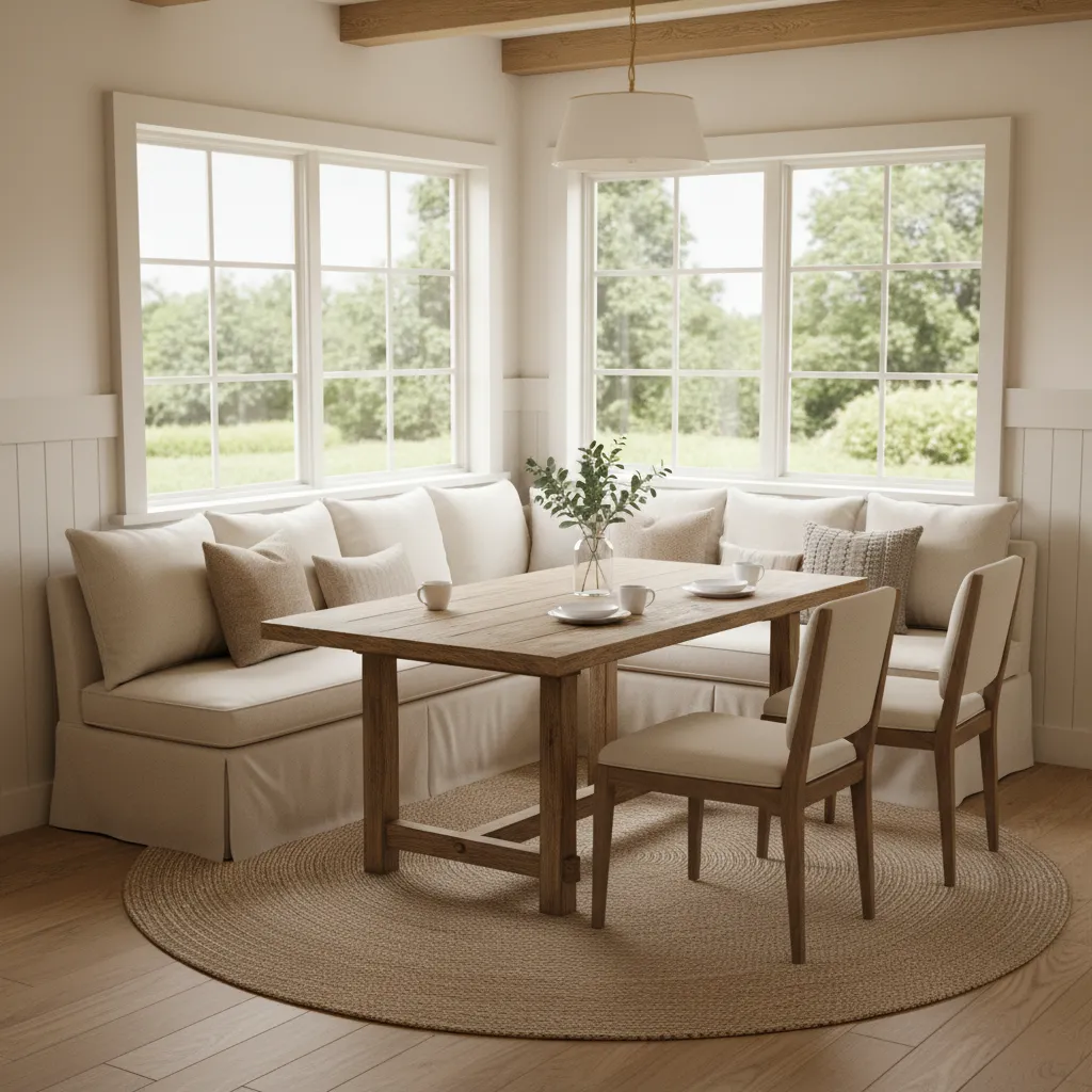 Corner dining booth banquette seating in a cozy breakfast nook