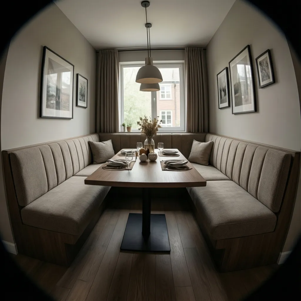 Corner dining booth seating layout with upholstered bench