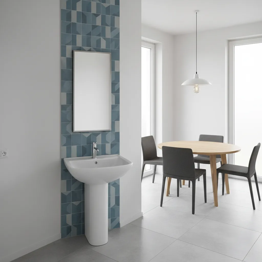 Corner wash basin installed in a compact dining room layout
