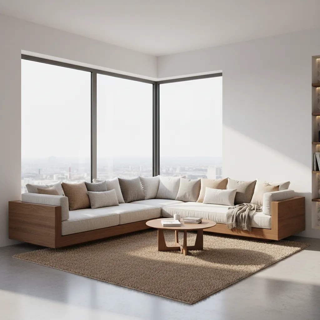 L shaped corner diwan seating layout in a modern living room