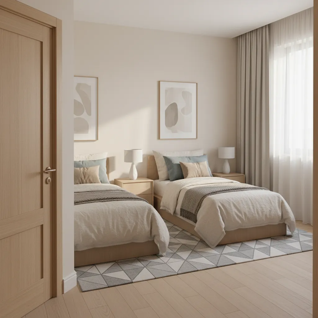 Bedroom with corner door and two twin beds arranged asymmetrically