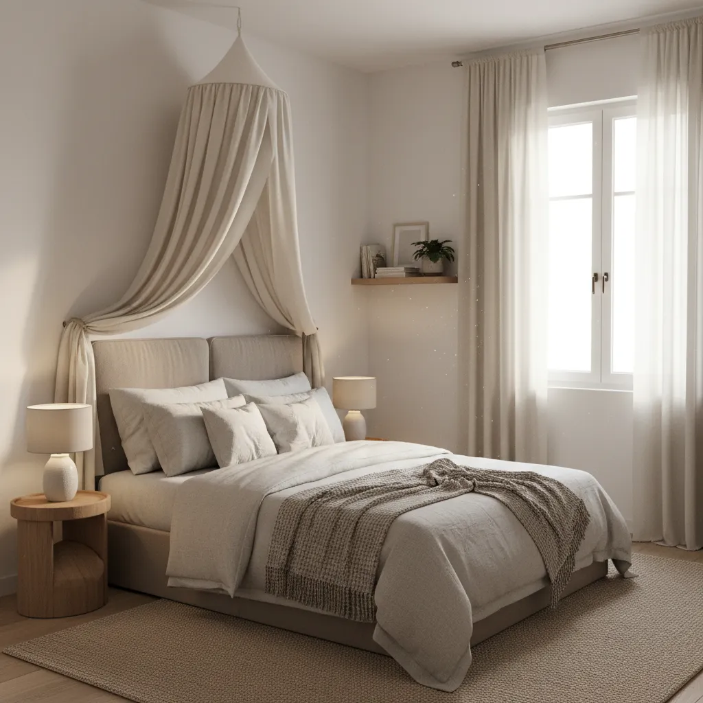 Corner canopy draping across a bed in a small cozy bedroom