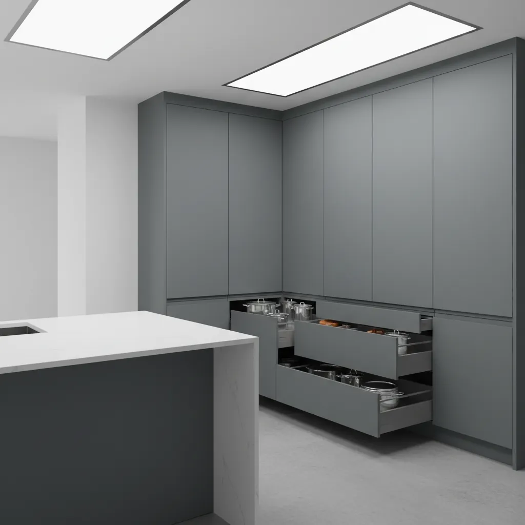 Grey kitchen cabinets featuring open corner pull out drawers for storage near a white island