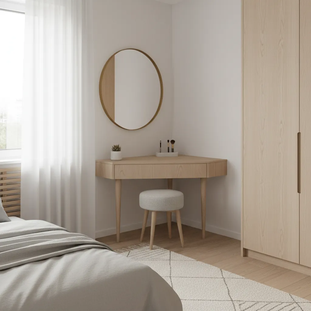 Corner dressing table solution for a compact bedroom layout