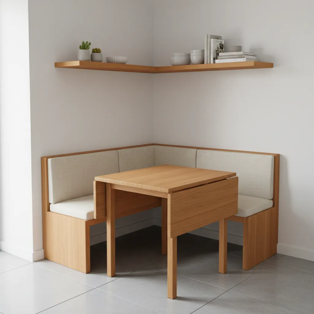 Corner drop leaf dining table with wall shelving in small kitchen