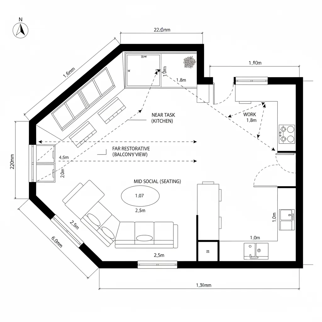 Top-down CAD plan of corner living room with dual-aspect glazing and loop circulation