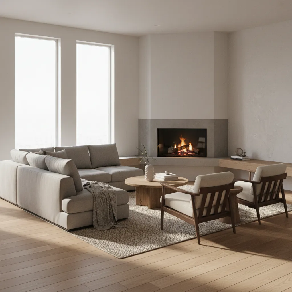 Living room with corner fireplace and diagonal furniture layout