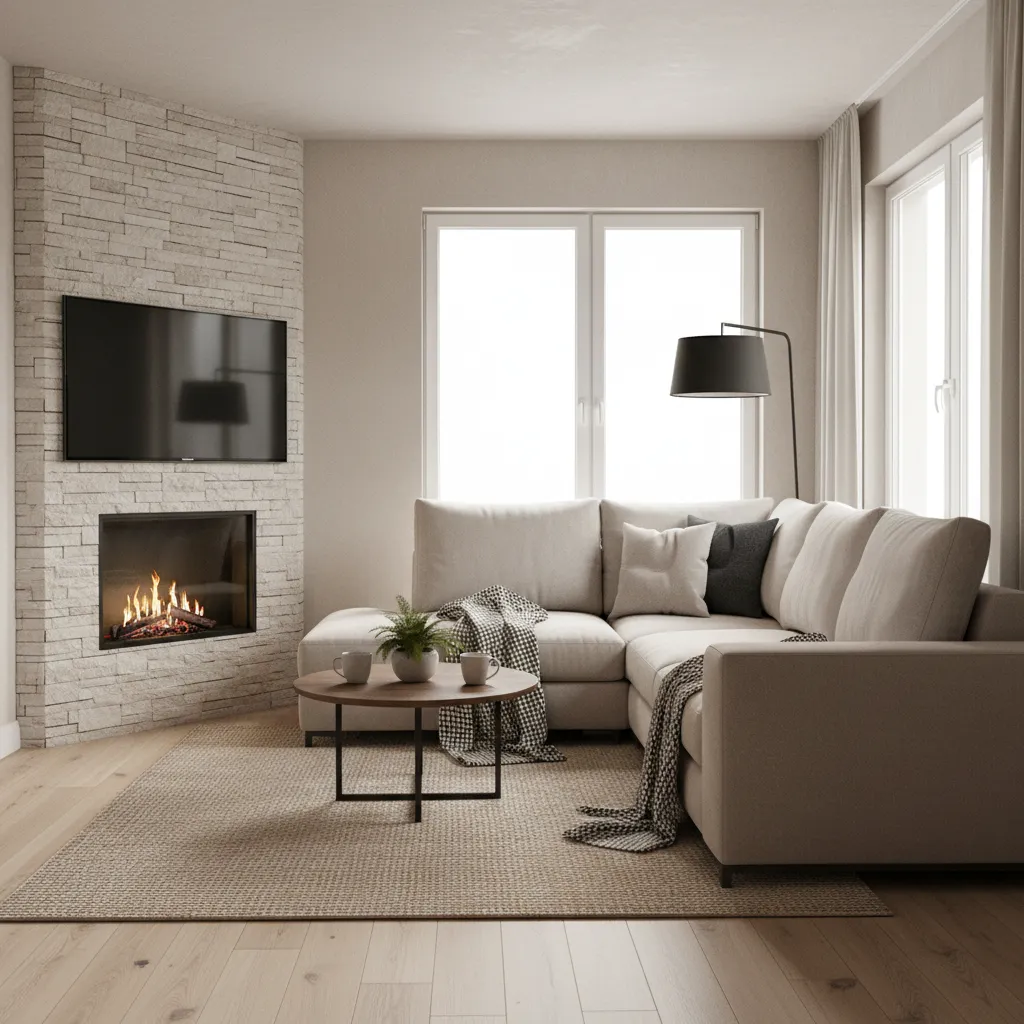 Corner fireplace with TV on adjacent wall in a small living room