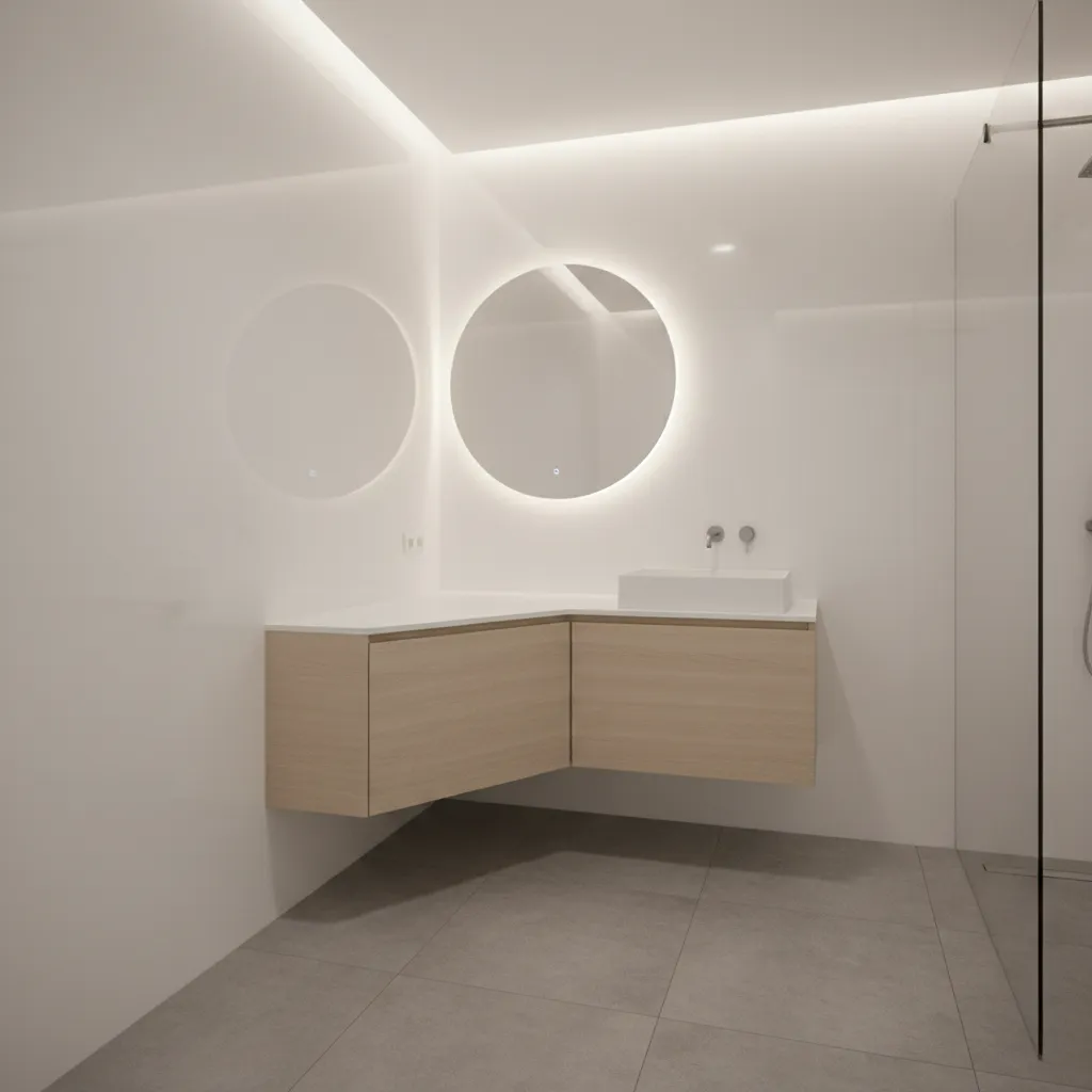 small bathroom with corner floating vanity maximizing circulation space