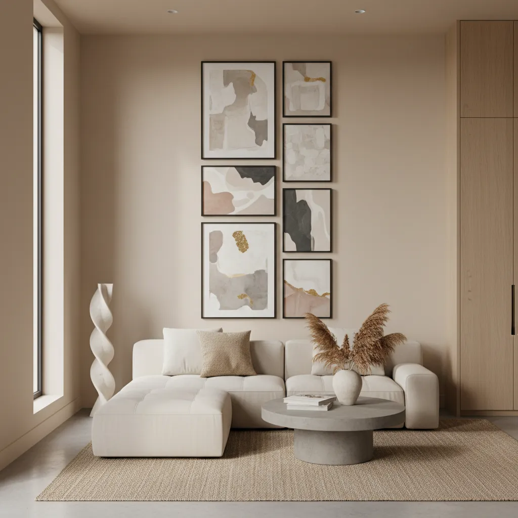 Rincón decorado con galería de cuadros verticales