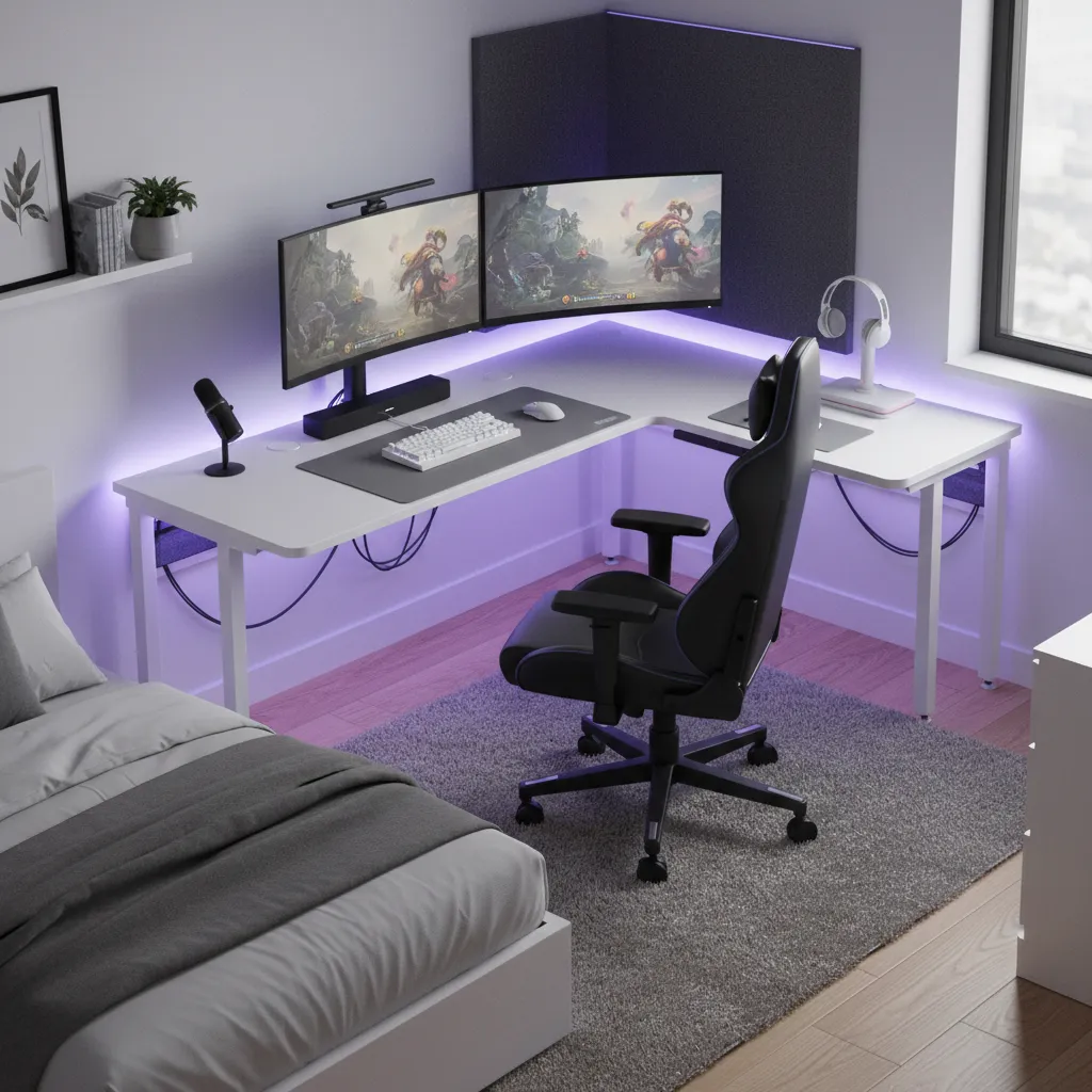 Corner gaming desk layout with dual monitors in a small room