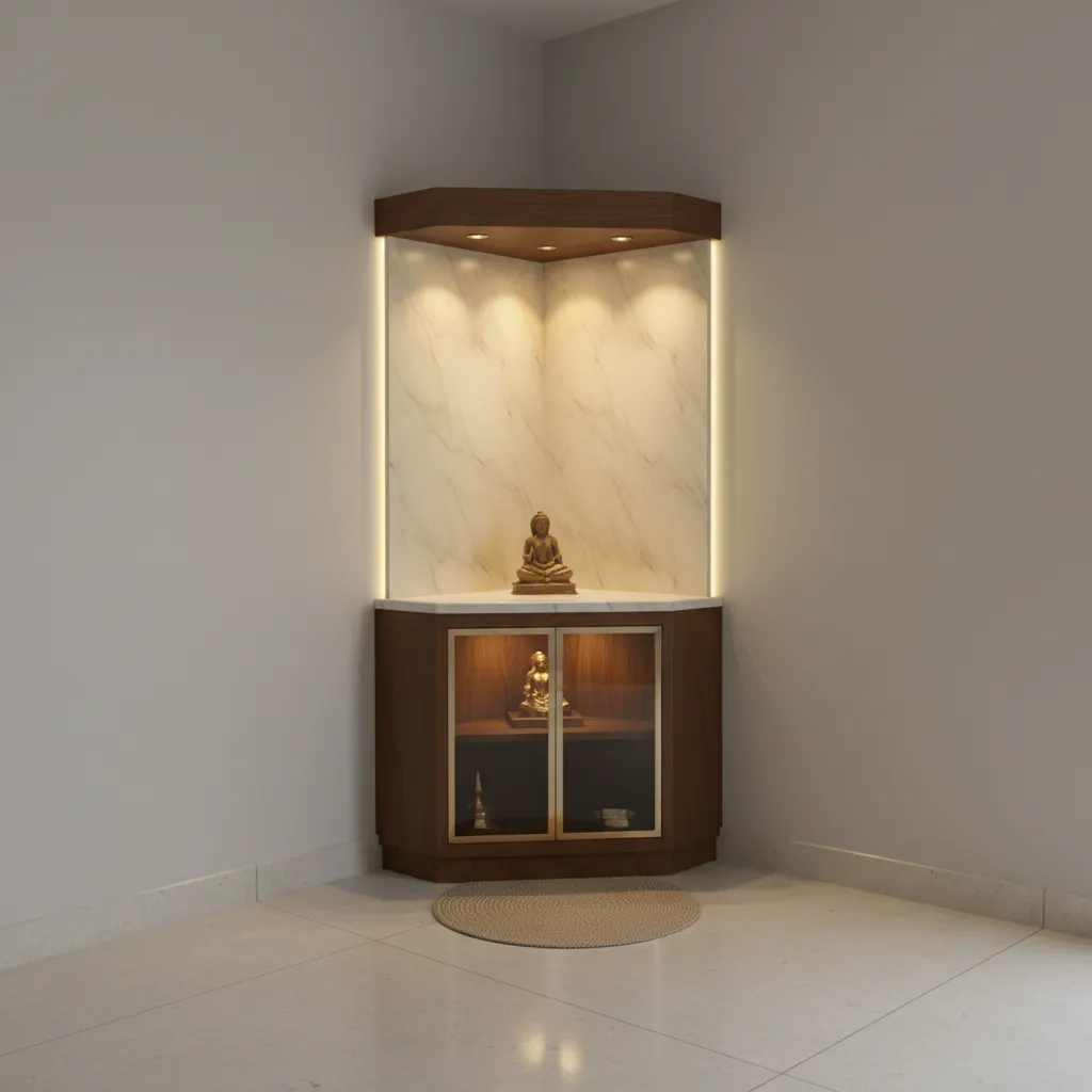 corner pooja unit with glass doors and marble backdrop
