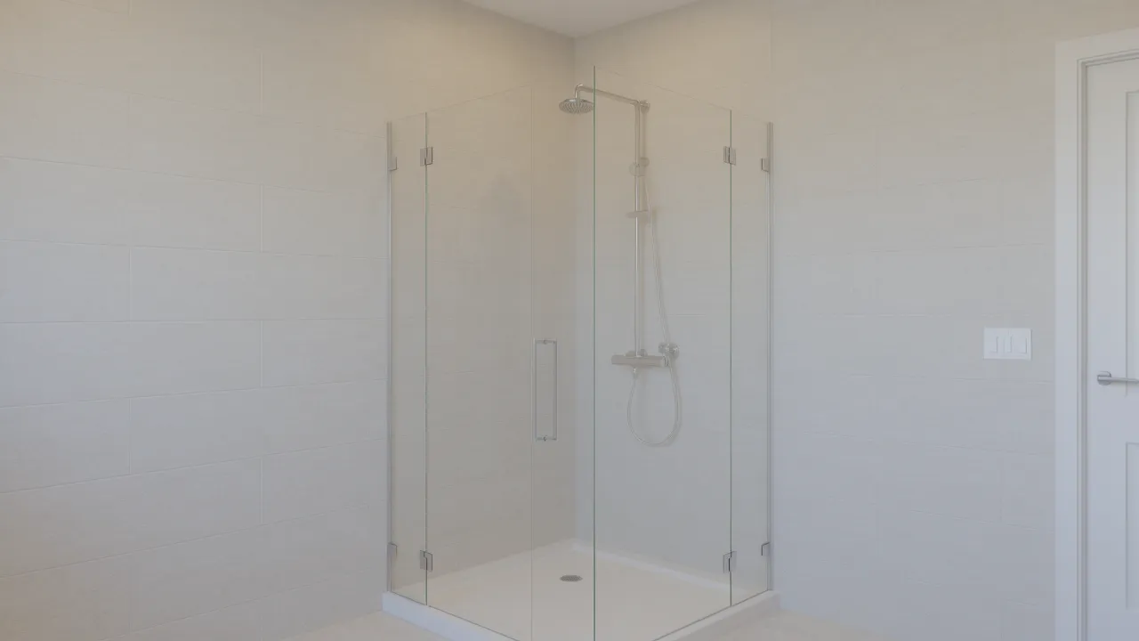 corner frameless glass shower partition in a small bathroom