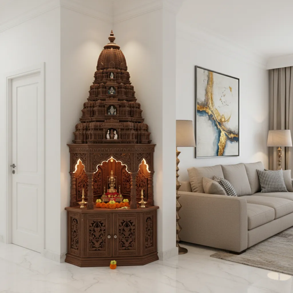 Corner pooja mandir with gopuram temple tower structure