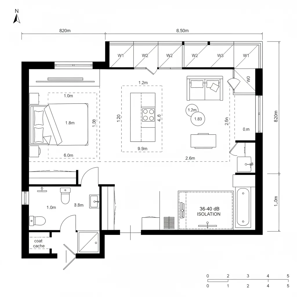 Top-down CAD plan of a corner loft grid with island hub and acoustic quiet pod