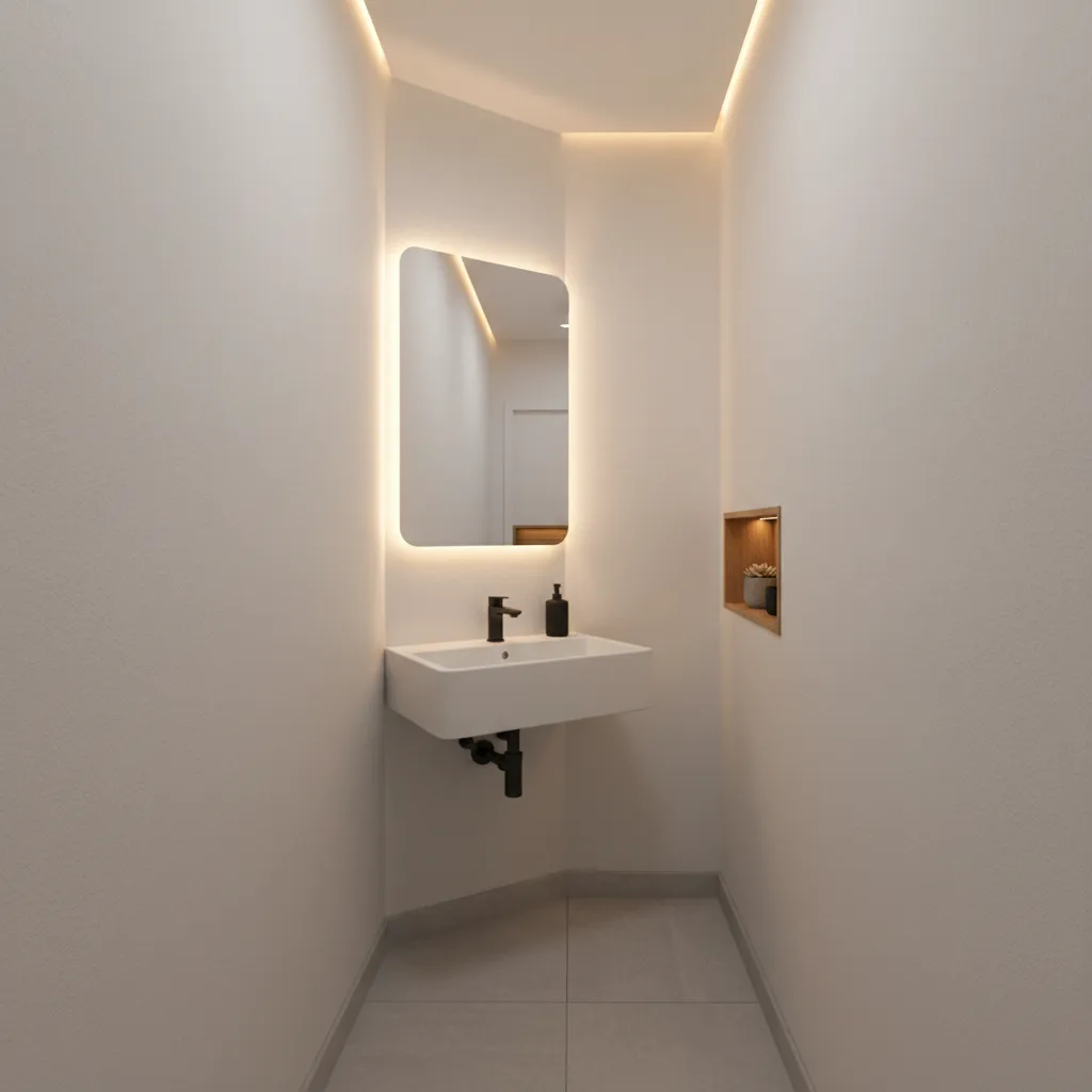 Corner wash basin installed in a compact hallway space