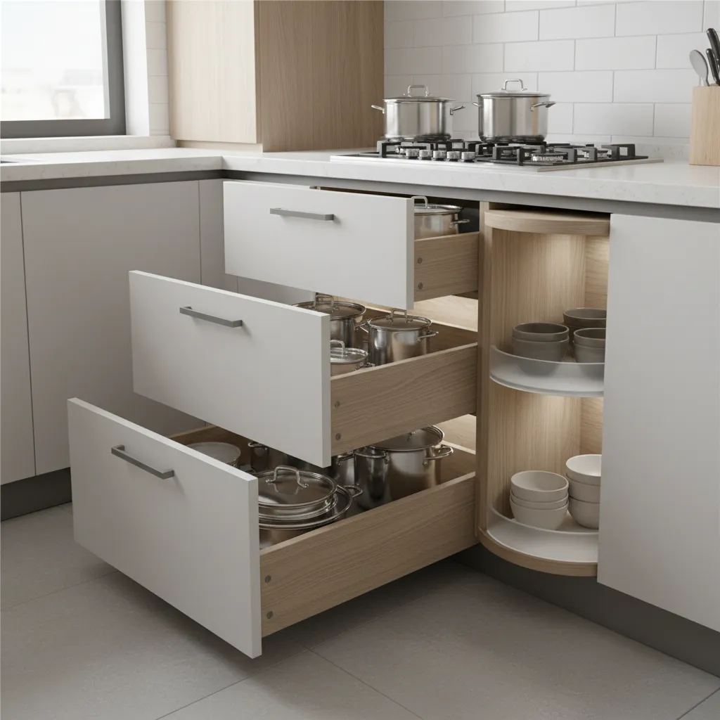 Corner kitchen cabinet storage solution beneath hob