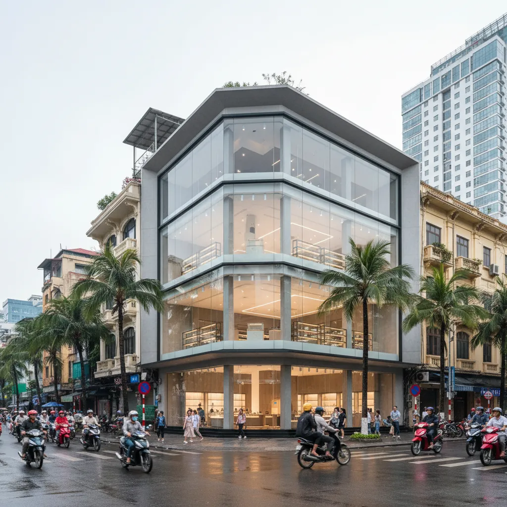 Nhà hai mặt tiền ở góc đường với cửa kính lớn
